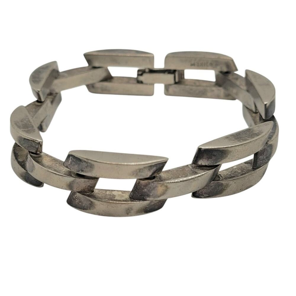 Vintage Mexican Sterling Silver Heavy Modernist Link Bracelet Bold Statement
